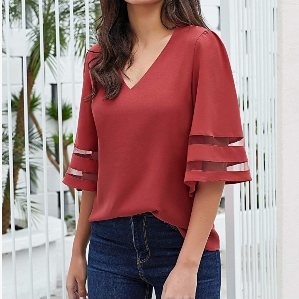 Women's V-Neck Mesh Panel Blouse